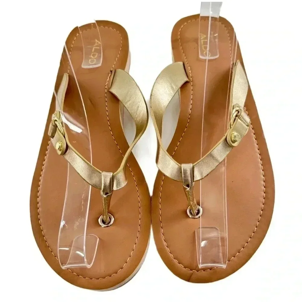 Aldo womens sandals size 9 40 gold leather flip flops coastal resort wear